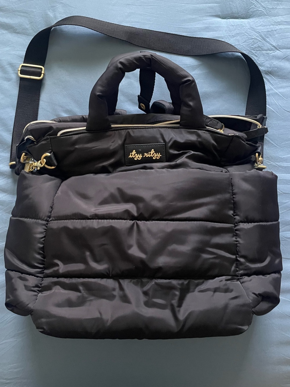 Itzy Ritzy Black Quilted Puffer Convertible Tote with Gold Hardware